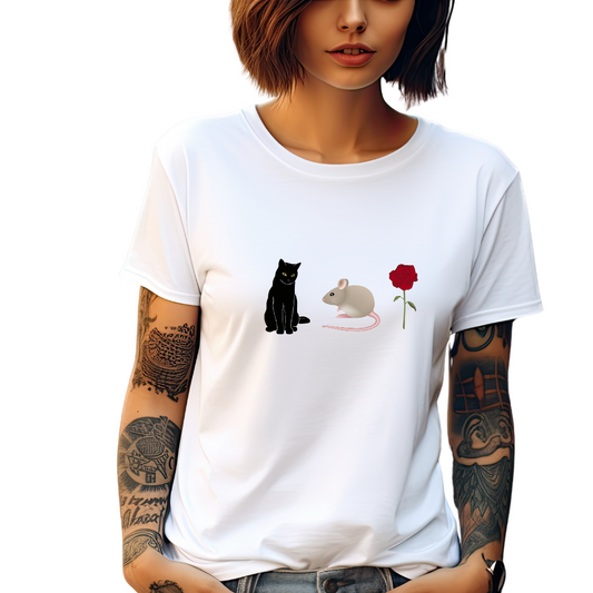 Book Cat Mouse Rose Graphic T-Shirt